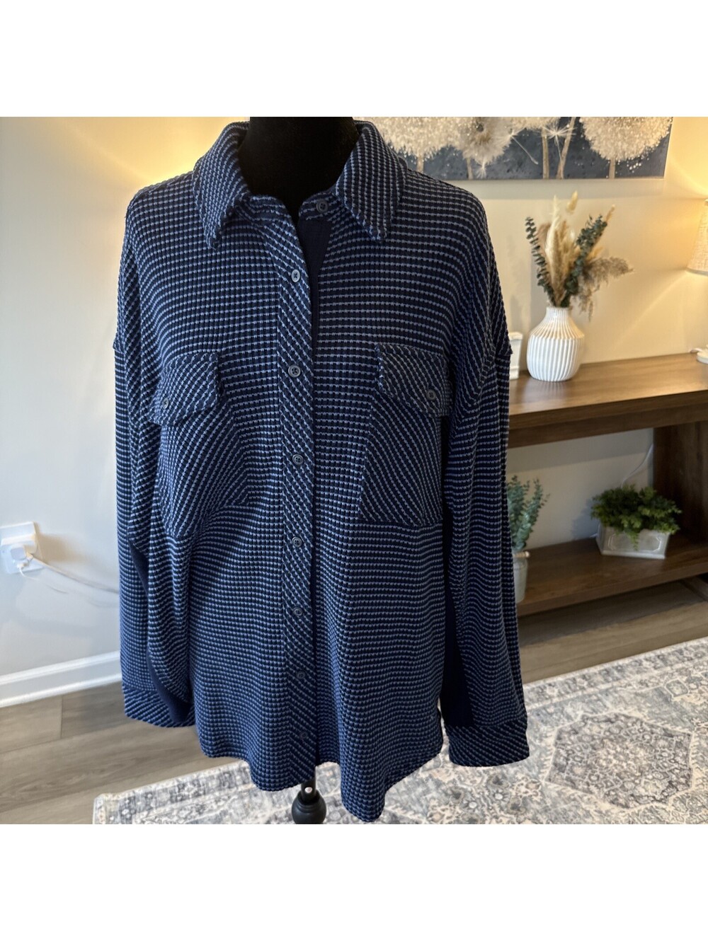 Aerie Oversized Button Up Collared Long Sleeve Top Size M Navy Soft